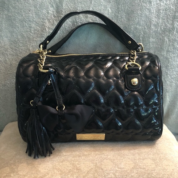 Betsey Johnson Handbags - BETSEY JOHNSON Shiny Black Quilt Heart Satchel Bag